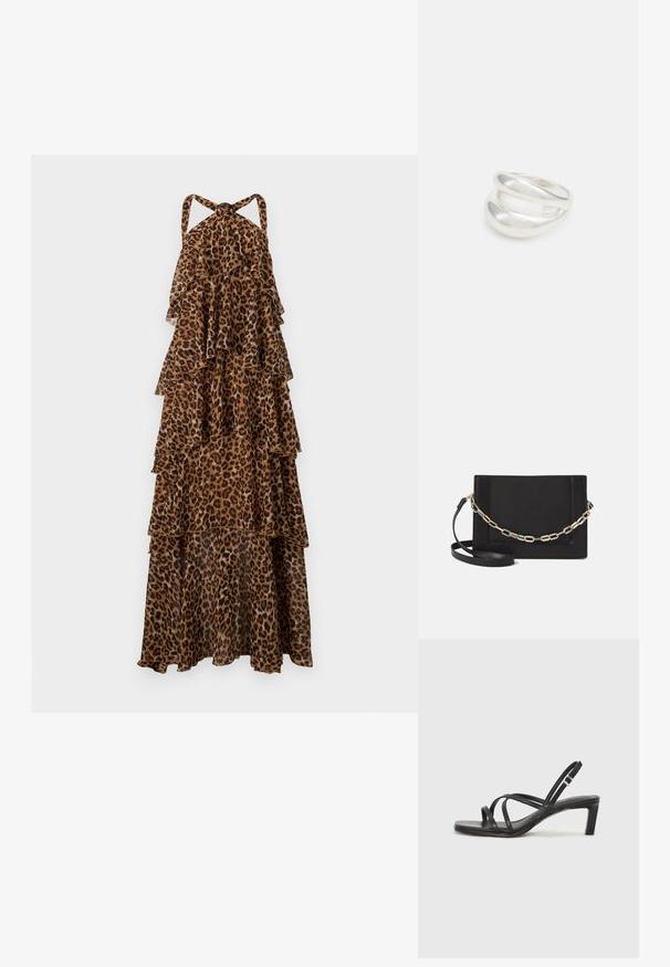 Maksijska haljina do poda s leopard uzorkom, s vezicama oko vrata i slojevima lepršave tkanine.; Crne sandale s trakama, kvadratnim prstom i niskom blok petom. Ima više tankih trakica i podesivu trakicu oko gležnja. Izrađene su od glatke kože.; Crna kožna torba preko tijela s glatkom teksturom, pravokutnim oblikom i metalnim lancem na prednjoj strani. Uključena je podesiva naramenica.; Srebrna dvostruka prsten s glatkom, poliranom površinom. Karakterizira ga fluidan, zakrivljen dizajn s preklapajućim sekcijama za moderan izgled.