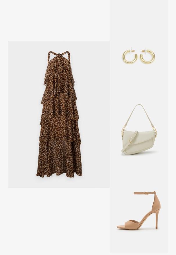 Maksijska haljina do poda s leopard uzorkom, s vezicama oko vrata i slojevima lepršave tkanine.; ALDO CRERIDE PILLOW WALK - Sandale - beige; Mala krem torbica s teksturiranim finišom, dugačkim podesivim remenom, lančanim detaljem i preklopom. Zlaćani hardver.; Zlatne kružne naušnice s glatkom, sjajnom završnom obradom. Kružni dizajn s malom potporom i prozirnom podlogom za sigurno nošenje.