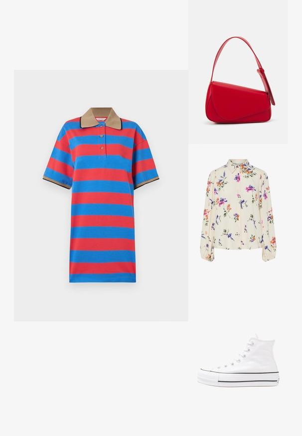 Marimekko REFERENSSI - Kasdienė suknelė - blue/red; Gėlių bluzonas su ilgomis pūkuotomis rankovėmis, šviesiai kreminiu pagrindu, su violetiniais, oranžiniais ir žaliais gėlių raštais bei klasikiniu apykaklės dizainu.; Balti aukštakulniai drobės sportbačiai su juodu guminio pado, priekinio guminio piršto dangteliu ir šešiais akytėmis raištams, pasižymintys švariu, minimalistiniu dizainu.; Raudona odinė rankinė su kampuota, geometrine forma. Pasižymi viena reguliuojama dirželiu ir dangteliu su siuvinėtais dekoracijomis.