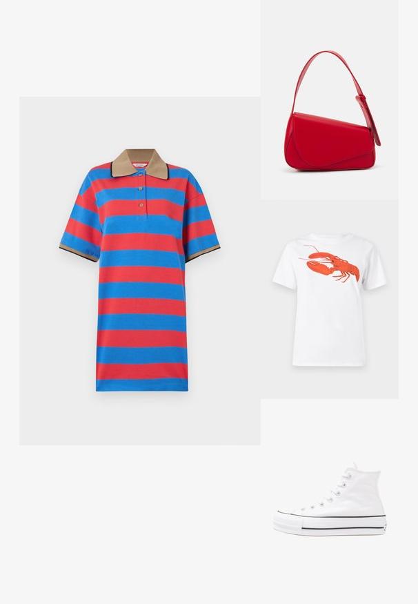 Marimekko REFERENSSI - Rochie de zi - blue/red; Tricou alb din bumbac, cu un grafic mare, viu colorat de homar roșu pe față. Mâneci scurte și un guler standard de tip crew neck.; Adidași albi tip pantofi sport cu glezna din pânză, cu talpă din cauciuc negru, capac de vârf din cauciuc frontal și șase ochiuri pentru șireturi, având un design curat și minimalist.; Geantă de mână din piele roșie, cu un design unghiular și geometric. Dispune de o singură curea ajustabilă și un sistem de închidere cu clapetă, cu detalii cusute.