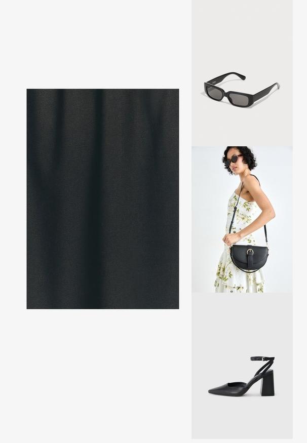 Juodas tekstūruotas audinys su audiniu raštu, turintis matinį paviršių ir šiek tiek raukšlėtą išvaizdą, rodantis lankstų judėjimą.; Juoda odinė smailiagalė aukštakulnio bateliai su kulkšnies dirželiu ir storu kulnu. Lygus paviršius, elegantiškas dizainas ir minimalistiška estetinė. ; Juodos stačiakampės saulės akinių rėmeliai su pilkų tonų lęšiais, pagaminti iš lygaus plastiko. Turi minimalistinį dizainą su tiesiomis kojelėmis ir subtiliu prekės ženklu.; Juodas odinis krepšys su išlenkta forma, nuimamu dirželiu ir auksiniais detalėmis. Krepšys turi kilpą su sagtimi.; Sidabrinės auskarai žiedai su sėslia, apvalia forma, pasižymintys lygia paviršiumi ir be matomų puošmenų. Svoris nenurodytas.