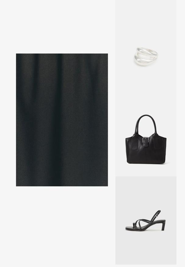 Čierna textúrovaná tkanina s tkaným vzorom, s matným povrchom a mierne pokrčeným vzhľadom, naznačujúca flexibilný pohyb.; Čierne sandále na vysokom podpätku so štvorcovou špičkou a nízkym blokovým podpätkom. Obsahujú viacero tenkých popruhov a nastaviteľný členkový popruh. Vyrobené z hladkej kože.; Čierna kožená taška s hladkou textúrou, štruktúrovaným tvarom, dvoma uchami a výrazným strieborným prackovým detailom na prednej strane.; Strieborný prsteň s dvojitým pásikom s hladkým, lesklým povrchom. Má plynulý, zakrivený dizajn s prekryvajúcimi sa časťami pre moderný vzhľad.