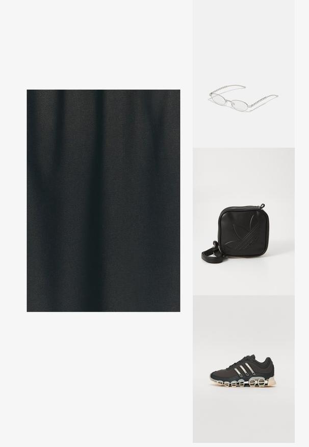 Čierna textúrovaná tkanina s tkaným vzorom, s matným povrchom a mierne pokrčeným vzhľadom, naznačujúca flexibilný pohyb.; Čierna športová obuv s textúrovaným zvrškom, tromi striebornými pruhmi a charakteristickou podošvou s viacerými integrovanými sekciami.; Oválne okuliare s kovovým strieborným rámom, priesvitnými šošovkami a textúrovanými perlovými akcentmi na spánkoch. Ľahký dizajn s zahnutými ramenami.; Čierna štvorec krossbody taška vyrobená z textúrovaného syntetického materiálu. Obsahuje embosovanú logo úpravu a nastaviteľný popruh. Zapínanie na zips.