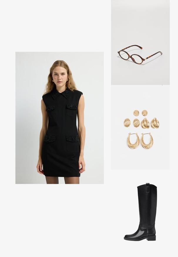 Schwarzes ärmelloses Kleid mit einem Kragen, verzierten Taschen und einer taillierten Form. Texturierte Details an den Taschen und dem Kragen verleihen visuelles Interesse.; Schwarze kniehohe Stiefel aus glattem synthetischen Material. Verfügt über eine abgerundete Zehenpartie, einen niedrigen Blockabsatz und vertikale Nähte.; Schildpatt-Brillengestell mit ovalen Fassungen, klaren Gläsern und goldenen Akzenten. Verfügt über geschwungene Bügel und eine glatte, glänzende Oberfläche.; Goldfarbene Ohrringe, bestehend aus drei Paaren: strukturierte ovale Stecker, ohrringe mit gewelltem Design und große Creolen mit geschichteten Rillen.