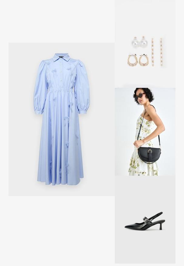 Light blue dress with a collared neck, long puff sleeves, an elastic waist, and three-dimensional bow details on the skirt.; Black patent leather slingback heels with a pointed toe and a small block heel, featuring a silver buckle accent on the strap.; Black leather handbag with a curved shape, detachable strap, and gold hardware. The bag features a flap with a buckle detail.; Three pairs of earrings: large white pearl studs, gold hoops with clear gemstones, and two long, straight gold accent earrings with sparkly details.