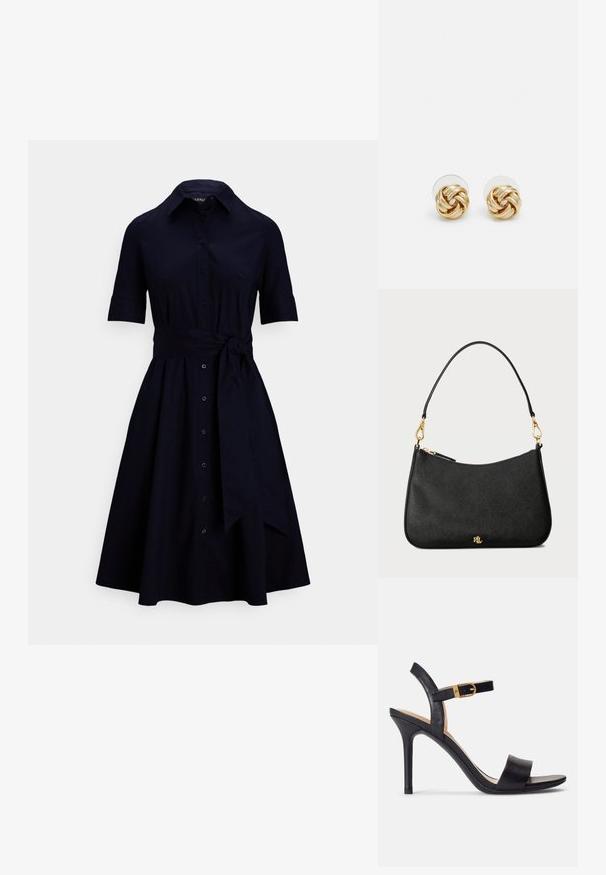 Vestido-camisa azul marinho em mistura de algodão com mangas curtas, frontal com botões, cintura franzida e cinto de amarrar para uma silhueta de saia rodada.; Sandálias de salto alto pretas com um cabedal de couro suave, bico aberto e um design de tira única com um detalhe de fivela dourada.; Bolsa de mão em pele preta com um design estruturado, apresentando um fecho com zíper, uma alça destacável e detalhes em metal dourado.; Brincos de pressão em tom dourado com um design torcido. Cada brinco possui uma base circular transparente para um uso seguro.