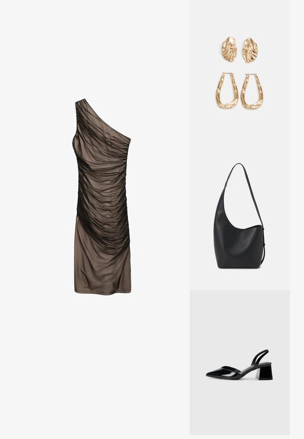 Mango Dnevna haljina - black; Crne lakirane kožne sandale s otvorenom petom i špicastim vrhom, s geometrijskom blok petom. Imaju elegantan, minimalistički dizajn i glatku teksturu.; Crna kožna hobo torba s glatkom teksturom, zakrivljenim oblikom i jednom podesivom trakicom; ima širok otvor na vrhu.; Naušnice zlatne boje s teksturiranim, valovitim oblicima. Uključuju skulpturalne kopče i dizajn otvorene kružnice s kovanom završnom obradom.