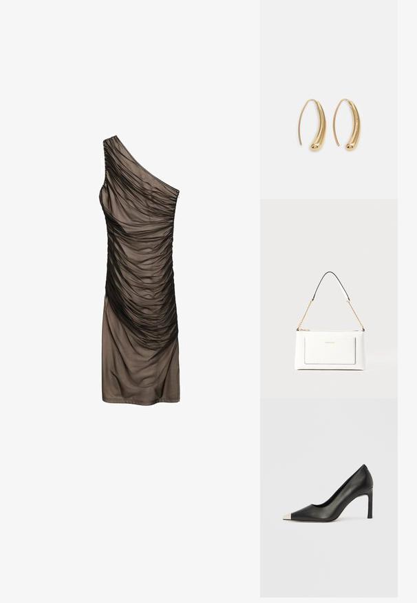 Mango Jurk - black; Zwarte leren hoge hak met een spits toelopende neus en een metalen zilverkleurige kap. Heeft een gladde afwerking en een slanke hak van 10 cm.; Witte leren handtas met een textuurafwerking, voorzien van een gouden schouderhengsel en zwarte accenten. Inclusief een voorvak en ritssluiting.; Gouden metalen oorbellen in de vorm van een gebogen, verlengde hoop. Kenmerkend zijn het gladde, glanzende oppervlak en de afgeronde punt voor extra detail.