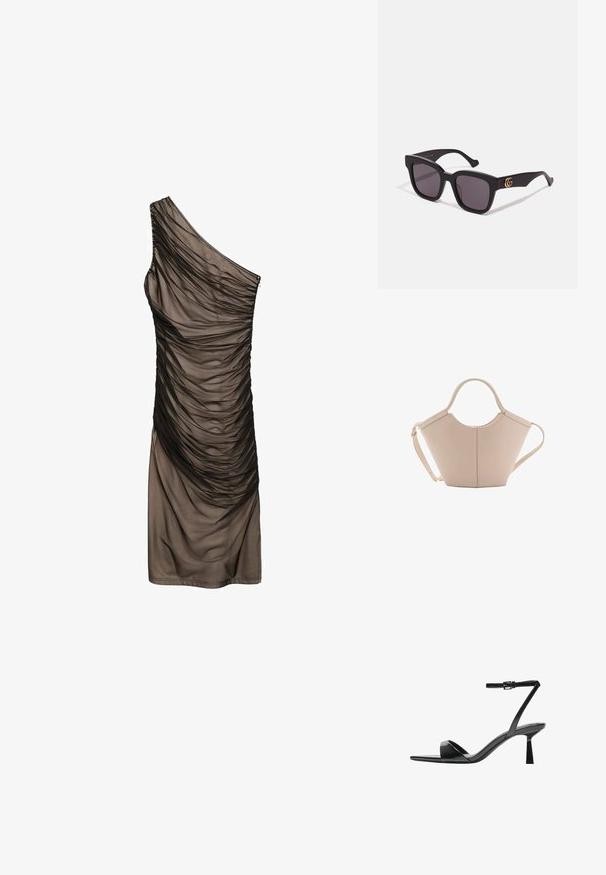 Mango Dnevna obleka - black; Bershka Sandali z visoko peto - black; Črne sončne očala s temnimi lečami, ki imajo zlate logotipne dodatke na ročajih in mat površino. Angleška zasnova za drzen videz.; Bežna usnjena torbica edinstvene oblike, z dvema kratkima ročajema in dolgim nastavljivim trakom. Gladka tekstura z minimalno kovinsko opremo.