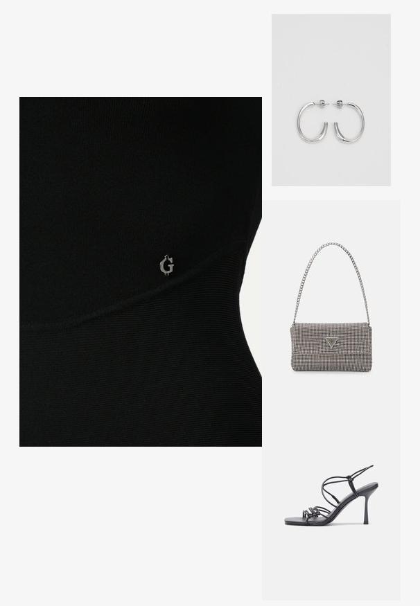 Svart sporttop med ribbad textur, med en subtil silverfärgad logotyp på sidan och en slimmad, figurnära design.; Svarta högklackade sandaler har tunna remmar med en knuten design, en slät fyrkantig tå och en smal stilettklack.; Ljusgrå metallisk handväska med kedjestropp, prydd med små cirkulära metallnitar och en triangulär logotyp.; Silverfärgade hängande örhängen med en slät, blänkande yta. Rundad form, lätt design, med ett stift- och bakstängning.