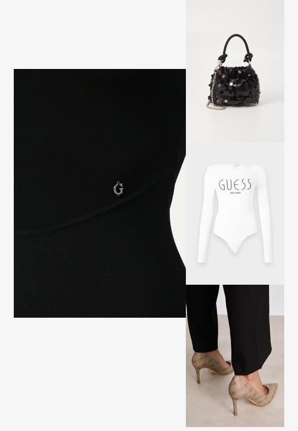 Črn atletski top z rebrasto teksturo, ki se ponaša z diskretnim srebrnim logotipom ob strani in elegantnim, oprijetim dizajnom.; Bela dolgimi rokavi body s krožnim izrezom. Na sprednji strani je natisnjen logotip "GUESS" in "EST.1981" v črni barvi. Gladka tekstura.; Bež čevlji na visokem petem z teksturirano tkanino, ki ima ponavljajoč vzorec. Oblika z ostrim nosom z zadaj poudarjenim delom in zlatim podplatom.; Črna mini torbica s palčkami iz bleščic, z vozlanim teksturiranim trakom in srebrnima verigama. Okrogla oblika z nabranim vrhom in odsevnimi detajli.