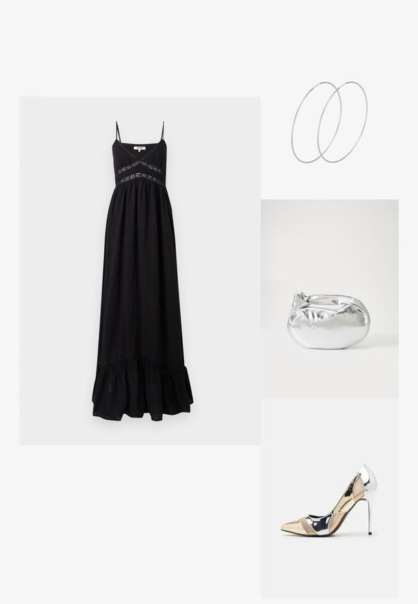 Juoda maxi suknelė su plonais reguliuojamais petnešomis, turinti prigludusį liemenį, siuvinėtus akcentus juosmens srityje ir platų volanų našlaitį.; Aštrus pirštas aukštakulnis batelis su sidabro, aukso ir nuogų spalvų deriniu. Blizgus paviršius su išpjovos dizainu, su stiletto kulnu.; Sidabrinė metalinė maišelio forma su švelnia, apvalia forma ir mazgu užveriamu viršumi. Pagaminta iš lygios dirbtinės odos medžiagos.; Sidabrinės pusmėnulio auskarai minimalistiniu dizainu. Apskritimo forma, lygus paviršius ir plonas profilis. Lengvi su poliruotu apdailu.