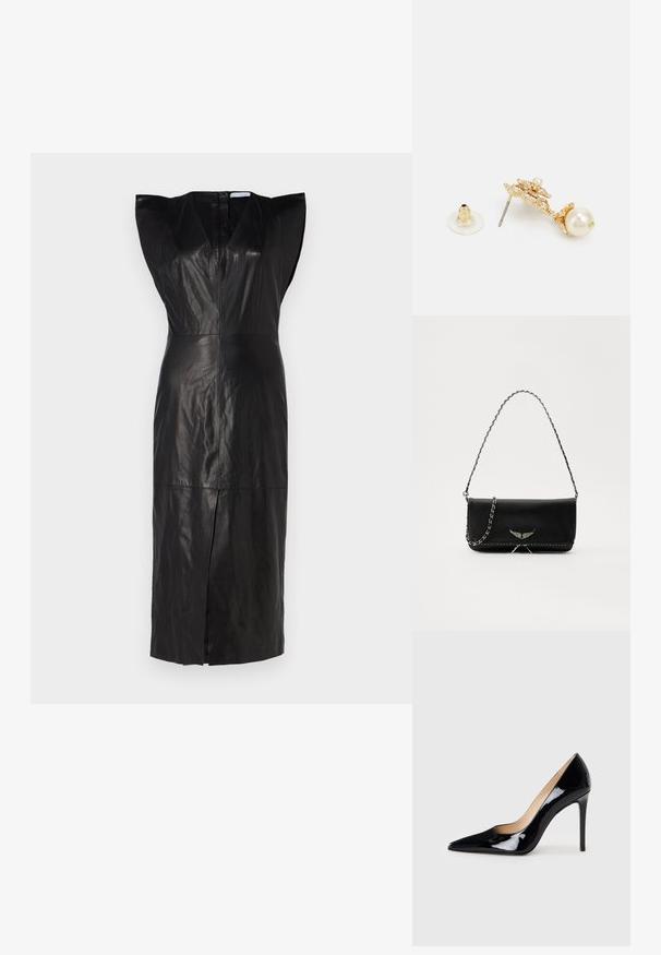 Musta nahkamekko v-pääntiellä, lyhyillä puffihihoilla ja edessä halkiolla. Sileä tekstiili ja kapea leikkaus, takana piilotettu vetoketju.; Mustat patentoitu nahkakengät, joissa on korkea korko ja terävä kärki, luovat sulavan siluetin. Kengissä on sileä, kiiltävä pinta ja hoikka stiletto-korko.; Musta nahkalaukku, jossa on hopeaketjuolkaimet, koristelu siipiyksityiskohdilla ja valkoisella ommellulla sauman alareunassa.; Kultaiset korvakorut, joissa on koristeellinen muotoilu, helmisovite, metallipistoke ja läpinäkyvä kuminen tausta.