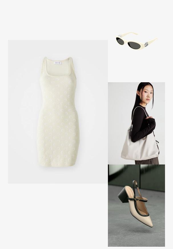 Pletené bodycon šaty ve světle žluté barvě s texturovaným vzorem malých bílých vírů. Disponují silnými ramínky a čtvercovým výstřihem.; Beige boty s špičatou špičkou a otevřenou patou, černými detaily, zlatou přezkou a silným blokovým podpatkem, na šedé podlaze s tmavě zeleným pozadím.; Námořnické sluneční brýle krémové barvy s oválnými skly, černým zabarvením a kovovými logovými akcenty na spáncích. Hladký povrch, design ve stylu kočičích očí.; Beige kabelka vyrobená z měkkého materiálu, s volným designem, prošívanými detaily a dvěma ramenními popruhy. Vhodná pro každodenní použití.