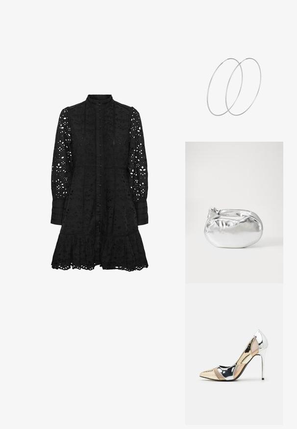 Czarna haftowana sukienka z wysokim kołnierzem, zapinana na guziki z przodu, z długimi rękawami i falbaną na końcu. Ozdobiona wyciętymi wzorami kwiatowymi i geometrycznymi.; Czółenka na wysokim obcasie z wąskim noskiem w kolorze srebrnym, złotym i nude. Lśniące wykończenie z wycięciami, z obcasem w stylu stiletto.; Srebrna metaliczna torba worek o miękkim, zaokrąglonym kształcie i zawiązywanym z góry zapięciem. Wykonana z gładkiego materiału imitującego skórę.; Srebrne kolczyki w formie obręczy o minimalistycznym designie. Okrągły kształt, gładka faktura i cienki profil. Lekkie, z polerowanym wykończeniem.
