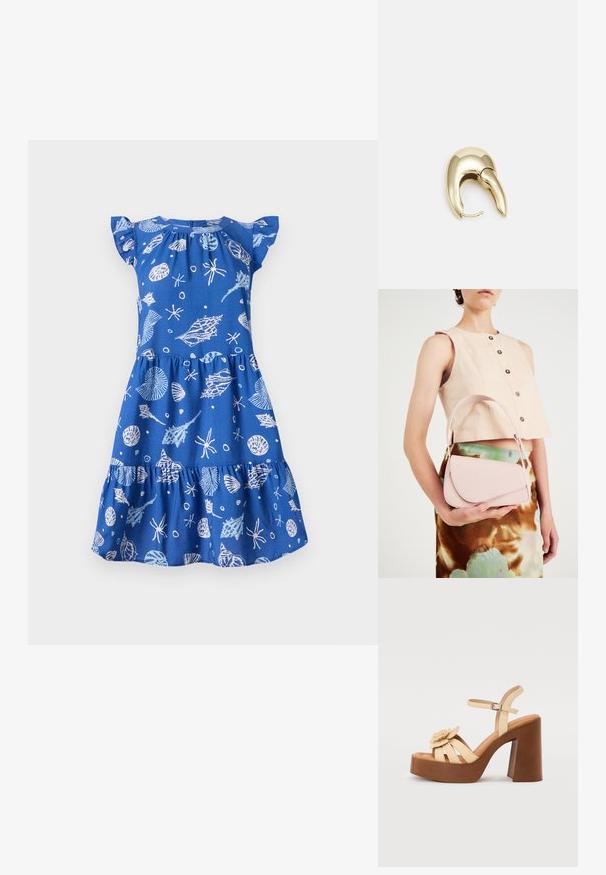 Blaues Baumwollkleid mit kurzen, schwingenden Ärmeln, das einen gestuften Rock und weiße, meeresbezogene Muster, darunter Muscheln und Seesterne, aufweist.; Beige Plattformsandalen mit einem braunen Blockabsatz. Sie verfügen über einen strukturierten Riemen und eine Blumenapplikation an der Vorderseite. Verstellbarer Knöchelriemen.; Rosa Lederhandtasche mit gewölbtem Deckel, einem Schulterriemen und klaren Linien. Die Tasche zeigt eine glatte Textur und ein minimalistisches Design.; Ohrringe aus goldfarbenem Metall mit einem schlanken, geschwungenen Design. Sie verfügen über eine markante, spitze Form, eine polierte Oberfläche und einen Scharnierverschluss.