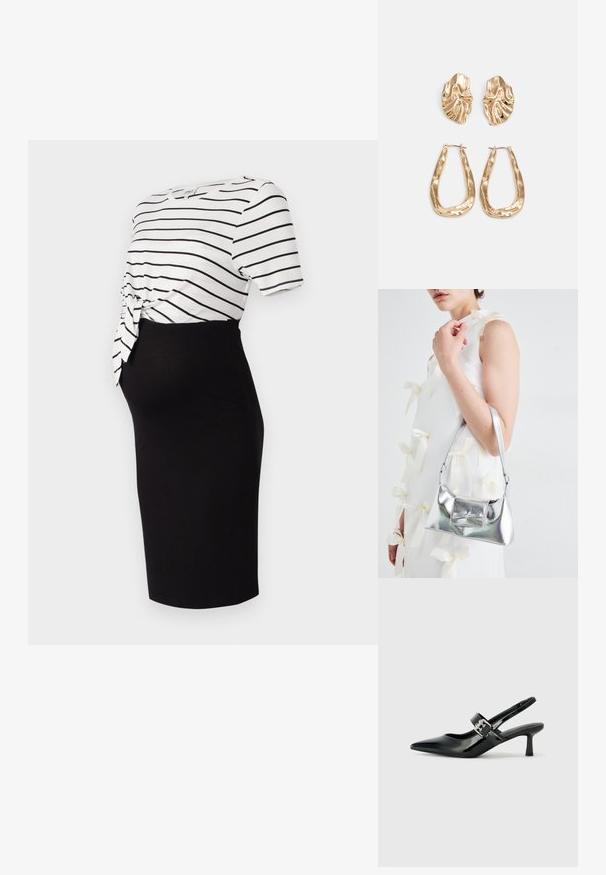 Saia preta até ao joelho combinada com uma blusa branca de mangas curtas com riscas, apresentando um detalhe de nó na cintura, feita em tecido suave.; Saltos slingback em verniz preto com bico pontiagudo e um pequeno salto bloco, apresentando um detalhe de fivela prateada na tira.; Bolsa metálica prateada com uma forma estruturada, apresentando uma alça superior e um detalhe de laço na frente. Textura suave, acabamento reflexivo.; Brincos em tom de ouro com formas onduladas e texturizadas. Inclui studs escultóricos com presilha e um design de argola aberta com um acabamento martelado.