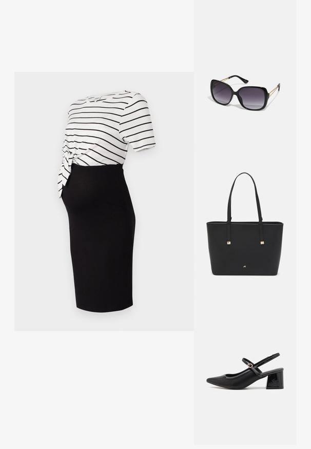 Melna ceļa garuma svārki apvienoti ar baltu svītrainu īsām piedurknēm augšu, kurai ir auklas mezgla detalizācija jostasvietā, izgatavota no mīkstas auduma.; Melns patentēts ādas sandales ar norādīta pirksta formu, noapaļotu izgriezuma dizainu un bloķētu papēdi. Iezīmēta ar zelta toņa sprādzi.; Melni pārmērīgi lieli saulesbrilles ar gradāciju lēcām, biezām rāmja malām un zeltainas krāsas ķēžu detaļām uz tempļiem.; Melnā somiņa, kas izgatavota no sintētiska materiāla, ar vienkāršu taisnstūra formu, zelta kvadrātveida akcentiem un divām rokturiem.