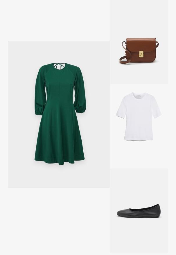 Roheline kleit pikkade puhvpluuside, ümarate kaeluste ja narmastega. Valmistatud pehmest kangast, laieneb see õrnalt taljest all hempseni.; Valge lühikeste varrukatega T-särk ribatud kangast. Ümara kaelusega, tavalisest sobivusest ja peente õmbluse detailidega. Ilma mustrite või graafikateta.; Musthave mustika tantsutossud mustast nahast, ümmarguse varbaga, siledast tekstuurist, minimaalse õmblusdetailiga ja paindliku tallakujundusega.; Pruunist nahast käekott, millel on klapiga sulgur, kuldne riistvara, õlarihm ja sile tekstuur. Kompaktne ristkülikukujuline vorm.