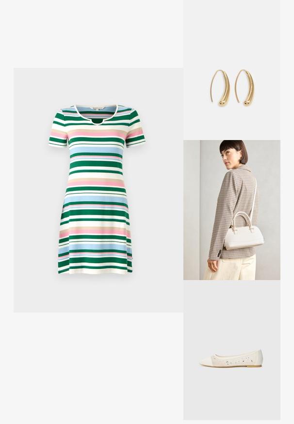 Stripet kortermet kjole med rund hals. Har grønne, blå, rosa og kremfargede horisontale striper. Myk, stretchy stoff.; Spiss tå ballettleestøvel i kremfarget skinn med gjennomsiktig overdel som har spredte rhinestones. Myk såle for komfort, minimalistisk design.; Hvit strukturert håndveske med korte håndtak og skulderreim, med detaljer i gullfinish og teksturert materiale, vist mot en grå bakgrunn.; Gullfargede metalløredobber med en buet, forlenget form. Har en jevn, blank overflate og en avrundet tupp for ekstra detaljer.