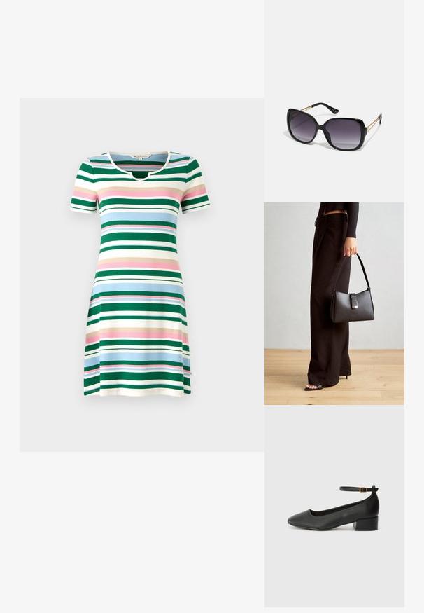 Csíkos, rövid ujjú ruha kerek nyakkivágással. Zöld, kék, rózsaszín és krémszínű vízszintes csíkokkal rendelkezik. Puha, rugalmas anyag.; Fekete bőr magassarkú cipő hegyes orral és alacsony tömb sarkal. Bokapánttal rendelkezik, aranyszínű csattal. Simább textúra.; Fekete, oversize napszemüveg fokozatos árnyalatú lencsékkel, vastag kerettel és arany színű lánc díszítéssel a szárakon.; Fekete kézi táska strukturált formával, sima textúrával és fémből készült záródással. Széles fekete nadrággal és nyitott orrú szandállal párosítva, fából készült padlón.