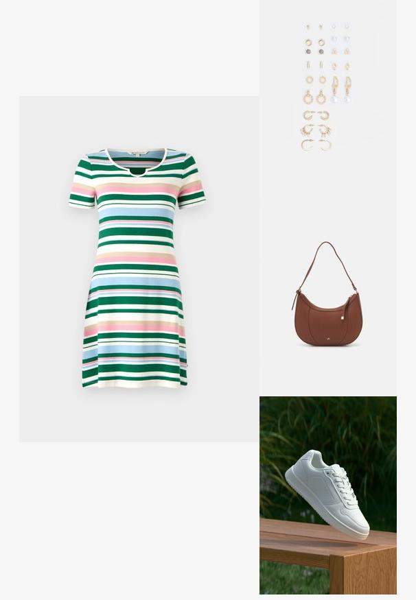 Prúžkované šaty s krátkym rukávom a okrúhlym výstrihom. Obsahujú horizontálne pruhy v zelenej, modrej, ružovej a krémovej farbe. Mäkko sa tiahnuce, elastické tkaniny.; Biele tenisky s hladkým syntetickým zvrškom, perforovanou špičkou, plochými šnúrkami a textúrovanou podrážkou, vystavené na drevenej ploche.; Hnedá umelá kožená taška cez rameno s zakriveným tvarom, minimalistickým šitím a zlatými akcentami. Obsahuje zips na vrchu a nastaviteľný popruh.; Súprava náušníc v zlatom odtieni obsahujúca rôzne dizajny, vrátane puzetových, kruhových a visiacich kúskov s perlami a rhinestones.