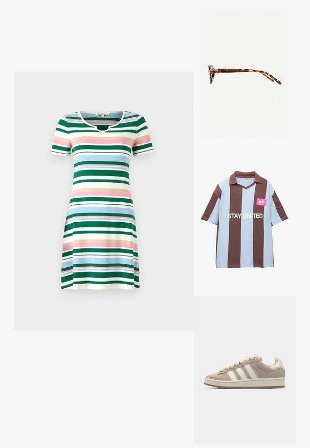 Csíkos, rövid ujjú ruha kerek nyakkivágással. Zöld, kék, rózsaszín és krémszínű vízszintes csíkokkal rendelkezik. Puha, rugalmas anyag.; Barna és világoskék csíkos, rövid ujjú pólóing V-nyakkal; rózsaszín címkével rendelkezik, amelyen fehér betűkkel a "STAY UNITED" felirat áll.; Barna velúr sneaker fehér bőrsávokkal és fűzőkkel, gumitalp, párnázott nyak és texturált részletek a felső oldalon.; Teknőc mintás napszemüveg vastag kerettel, enyhén ívelt oldalakkal és sima felülettel. Klasszikus dizájn jellemzi, fényes kivitelben.; Barna bőr válltáska texturált felülettel, ívelt formával, aranyszínű fémrészekkel, állítható pánttal és fedélzárral.