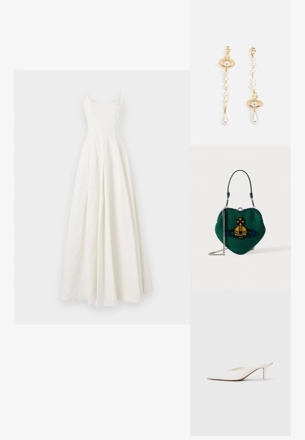 Weißes, langes Kleid aus Stoff mit einem taillierten Oberteil, dünnen Trägern und einem ausgestellten Rock. Glatte Textur ohne sichtbare Muster oder Verzierungen.; Weißer Mule mit spitzem Zehenbereich und niedrigem Stiletto-Absatz. Hergestellt aus glattem Material mit minimalistischen Design und dezenten, tanfarbenen Sohlenakzenten.; Grüne, herzförmige Handtasche mit gelbem und blauem Planeten-Emblem, kurzem Griff und silberner Kettenriemen auf weißem Hintergrund.; Ohrringe in Goldoptik mit Perlen und einem runden Anhänger, der eine Tropfenperle hat. Akzentuiert mit einem klaren Kristall am Verschluss.