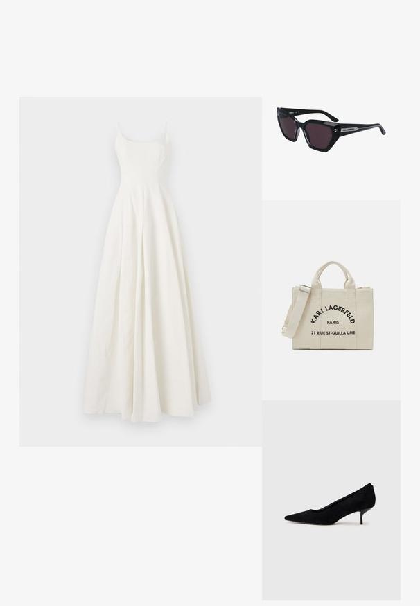 Biała długa sukienka wykonana z materiału z dopasowanym gorsetem, cienkimi ramiączkami i rozkloszowaną spódnicą. Gładka faktura bez widocznych wzorów czy zdobień.; Czarny zamszowy but na wysokim obcasie z wydłużonym noskiem i smukłym, niskim obcasem. Gładka tekstura z eleganckim wzornictwem, bez widocznych elementów metalowych.; Czarne okulary przeciwsłoneczne w kocim kształcie, z ciemnymi soczewkami, błyszczącym wykończeniem oraz subtelnymi akcentami logo na zausznikach.; Torba na zakupy z płótna w kolorze ecru z czarnym nadrukiem. Prostokątny kształt z krótkimi uchwytami i odpinanym paskiem na ramię.