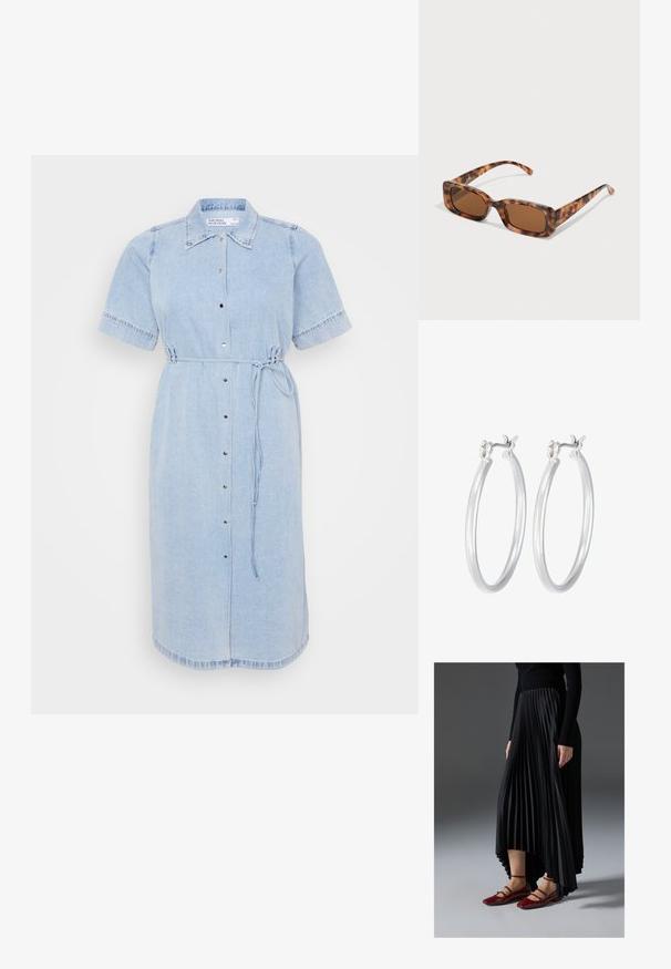 Svijetloplava traper haljina s kratkim rukavima, prednjim kopčanjem na dugmad i detaljem u struku s čvorom. Ima ovratnik i obrubljene rubove.; Crna plisirana suknja s visokim i niskim rubom, uparena s sjajnim crvenim balerinkama s dizajnom trakice. Tkanina ima glatku teksturu.; Naočale u obliku tortoiseshella s pravokutnim smeškim lećama, debelim okvirom i tankim nogicama koje imaju uzorak od različitih nijansi smeđe boje.; Srebrne kružne naušnice s glatkom, poliranom površinom. Okrugli oblik i sigurno kopčanje na klik. Lagani dizajn pogodan za svakodnevno nošenje.