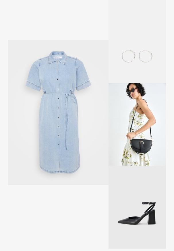 Hele sinine denimpikk dress lühikeste varrukatega, nööbid ees ja sidumise detail vöö kohta. Omab kraed ja viimistletud serva.; Mustmustest must-käigukingad, millel on konksuga nöör ja paks konts. Ühtlane tekstuur, stiilne disain ja minimalistlik esteetika.; Mustmust mustraha kõverate joontega, eemaldatava rihmaga ja kuldsete detailidega. Kotil on klapp, millel on pandladetail.; Hõbedased rõngaskõrvarõngad, millel on sujuv ja ümar disain, millel on sile pind ja nähtavad kaunistused puuduvad. Diameeter ei ole täpsustatud.