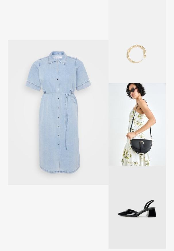 Gaiši zils džinsa kleita ar īsām piedurknēm, pogām priekšā un jostas detaļu. Iekļauj apkakli un pabeigtu apakšmali.; Melna lakota āda ar atvērto papēdi, ar smailu purngalu un ģeometrisku blokpapēdi. Iezīmējas elegants, minimāls dizains un gluda tekstūra.; Melnas ādas rokassoma ar izliekta formu, noņemamu siksnu un zelta aksesuāriem. Somai ir vāciņš ar sprādzes detaļu.; Zelta toņa gredzens ar organisku, vērptu dizainu, gludu virsmu un sašaurinātiem galiem, radot mūsdienīgu, skulpturālu izskatu.