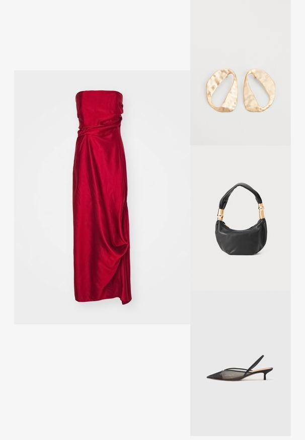 STAUD CARAVAGGIO DRESS - Oblačila za posebne priložnosti - red; NEOUS IRENA - Klasične pete - black; Črna usnjena torbica okrogle oblike, mehke teksture, z vozlanim ročajem in zlatimi kovinskimi dodatki. Zadrga za zapiranje.; Par nenavadno ovalnih zlatih metalnih uhani s teksturirano, rahlo udarjeno površino na belem ozadju.