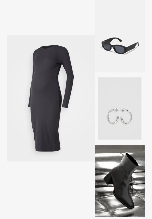 Raseduskleit tumedas hallis ribakangsas, pikad varrukad, ümar kaelus, figuuri järgiv siluett, põlvepikkune ääre. Sile tekstuur, ilma mustriteta.; Must musta narmand, läikiva materjali ja ruudukujulise varbaga ning kitseneva kontsaga, paigutatud läikiva hõbedaselt tuftitud tausta ette.; Mustad pruudiks prillid ruudukujuliste raamidega, matistatud viimistlusega, tumedate läätsede ja veidi kõverate kätega. Ühel käel on diskreetne logo aktsent.; Hõbedased rõngaskõrvarõngad, millel on sile ja läikiv pind. Ümar kuju, kerge disain, millel on post-tagumise kinnituse süsteem.