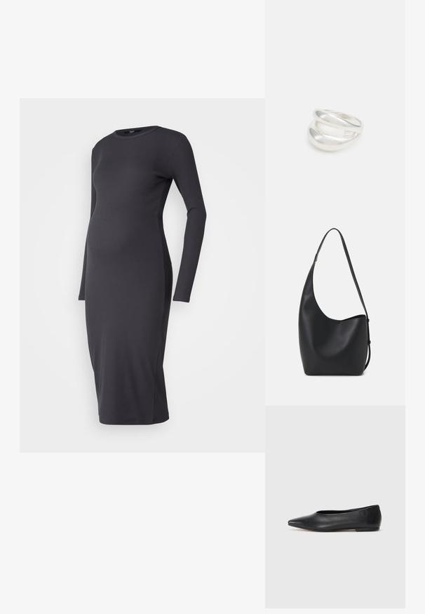 Grūtniecības kleita tumši pelēkā ribotā audumā, garas piedurknes, noapaļots kakla izgriezums, pieguļoša silueta, ceļgalu garuma apmale. Gluda tekstūra, bez rakstiem.; Melna ādas baleta kurpe, ar norādītu purngalu, minimālisma dizains, gluda tekstūra, zema papēža augstums, bez redzamiem aksesuāriem vai rotājumiem.; Melnas ādas hobo soma ar gludu tekstūru, izliekta forma un vienu regulējamu jostu; augšā ir plaša atvere.; Sudraba divu joslu gredzens ar gludu, pulētu virsmu. Iezīmējas ar plūstošu, izliekta dizaina struktūru ar pārklājošām sekcijām modernam izskatam.