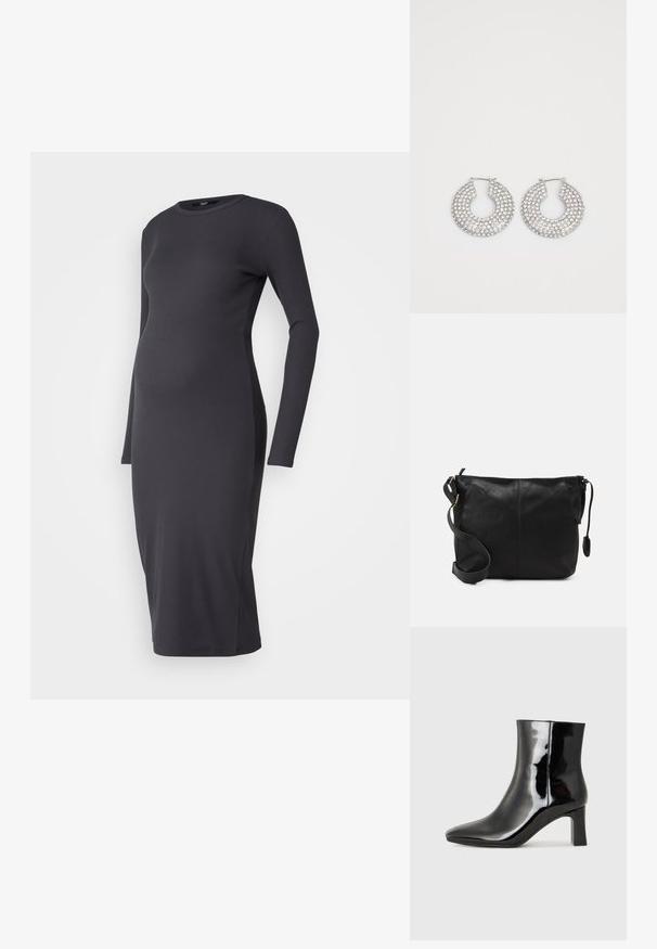 Džinsinė nėštumo suknelė tamsiai pilkos spalvos, su ilgomis rankovėmis, suapvalintu iškirpimu, aptempta siluetas, iki kelių ilgio. Lygus audinys, be raštų.; Juodos lakuotos odinės aulinukės su smailiu pirštu ir vidutinio aukščio blokuotu kulnu. Lygus paviršius ir minimalistinis dizainas.; Juodas odinis per petį nešiojamas krepšys plokščia forma, su auksiniais detalių akcentais ir reguliuojama juosta. Lygi tekstūra su minimaliais siuvimo elementais.; Sidabrinės auskarų žiedai, papuošti daugybe skaidrių kristalų akcentų, su tekstūruota paviršiumi ir atviru apvaliu dizainu.