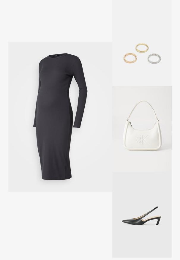Sukienka ciążowa w ciemnoszarym, prążkowanym materiale, z długimi rękawami, okrągłym dekoltem, dopasowaną sylwetką i długością do kolan. Gładka tekstura, bez wzorów.; Czarny but na obcasie typu slingback z ostro zakończonym noskiem, z niskim obcasem, wykonany z gładkiej skóry, z wycięciem po boku dla lepszej wentylacji.; Biała skórzana torebka o zaokrąglonym kształcie, z wytłoczonym logo "CK" z przodu i pojedynczym paskiem na ramię. Zapięcie na zamek z góry.; Trzy metalowe pierścienie: jeden w różowym złocie, jeden złoty z teksturowanymi akcentami, oraz jeden srebrny, wszystkie z wygrawerowanym brandingiem na wewnętrznej stronie.