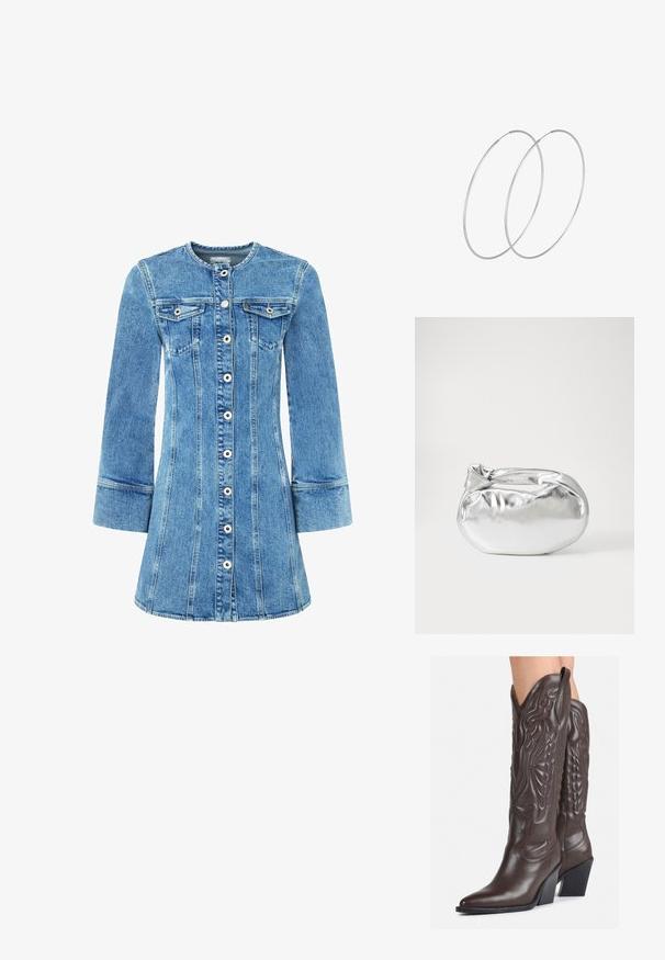 Denim-mekko, jossa on vaaleansininen pesu, nappi edessä, kaksi rintataskua ja pitkät hihat. Mukana rakenteelliset saumat ja levenevä helma.; Ruske nahkasaappaat, joissa on terävä kärki ja laatikkokorko, varustettu yksityiskohtaisella ompelulla ja kohotetuilla yksityiskohdilla varsiosassa.; Hopeapintainen metallinen pussilaukku, jolla on pehmeä, pyöreä muoto ja solmittava yläosa. Valmistettu sileästä tekonahkamateriaalista.; Hopehope hopeilla, joissa on minimalistinen muotoilu. Pyöreä muoto, sileä pinta ja ohut profiili. Kevyet ja kiillotetut.