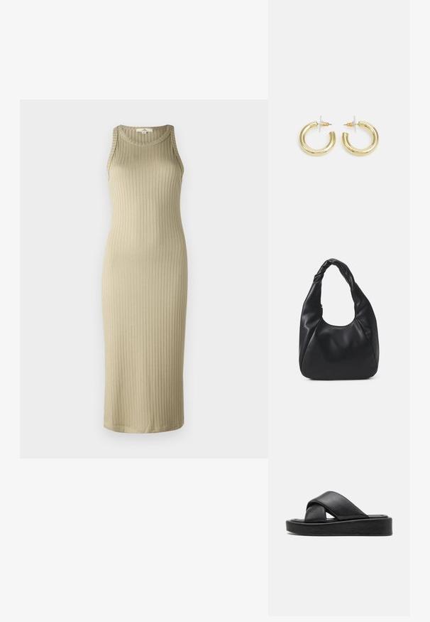 Kostium midi w kolorze beżowym z prążkowanej tkaniny, o dopasowanej sylwetce, bez rękawów i zaokrąglonym dekolcie; wykonany z miękkiego, elastycznego materiału.; Czarne skórzane klapki z krzyżującymi się paskami, płaską podeszwą platformową i gładką teksturą. Minimalistyczna i monochromatyczna estetyka.; Czarna torba hobo wykonana z gładkiego, skóropodobnego materiału z twisted uchwytem, o miękkim, zaokrąglonym kształcie i górnym zapięciem na zamek.; Złote kolczyki w kształcie kółek o gładkim, błyszczącym wykończeniu. Okrągły design z małym klipsem i przezroczystym zapięciem zapewniającym bezpieczne noszenie.
