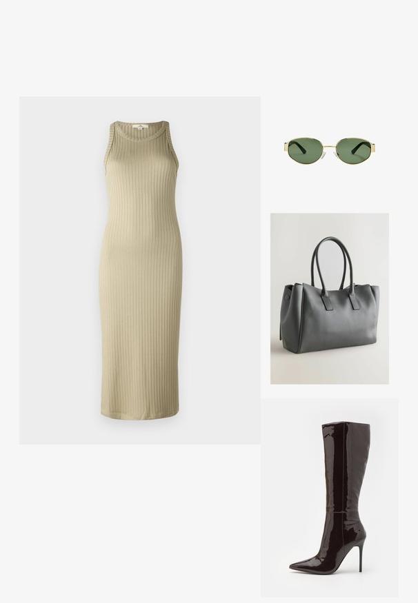 Kostium midi w kolorze beżowym z prążkowanej tkaniny, o dopasowanej sylwetce, bez rękawów i zaokrąglonym dekolcie; wykonany z miękkiego, elastycznego materiału.; Even&Odd - Kozaki na obcasie; Złote okulary przeciwsłoneczne w metalowej oprawie z zielonymi soczewkami, o owalnym kształcie, czarnymi zausznikami i przezroczystymi noskami. Czysty, minimalistyczny design.; Szara skórzana torebka na ramię z podwójnymi uchwytami, prostokątny kształt, gładka faktura i minimalistyczny design. Posiada płaskie panele boczne i subtelne przeszycia.