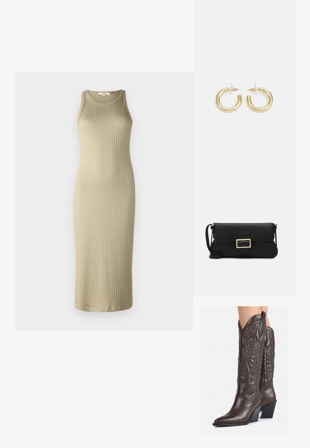 Rebrasto, bež midi obleko s prilegajočim silhueto, brez rokavov in okroglim izrezom; izdelana iz mehkih, elastičnih materialov.; Rjave usnjene kavbojske čevlje z ostrim nosom in blok peto, ki vsebujejo podrobno šivanje in dvignjene dodatke na zgornjem delu.; Črna usnjena torbica na preklop z zlato kovinsko zaponko. Vključuje črn trak in eleganten, minimalističen dizajn.; Zlate uhane v obliki obročkov z gladko, sijočo površino. Krožna zasnova s majhnim nosilcem in prozornim podplatom za varno nošenje.