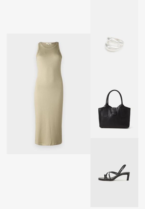 Rebrasto, bež midi obleko s prilegajočim silhueto, brez rokavov in okroglim izrezom; izdelana iz mehkih, elastičnih materialov.; Črne natikače s trakovi in kvadratnim prstom ter nizkim blokastim peto. Imajo več tankih trakov in nastavljiv trak okoli gležnja. Narejene so iz gladkega usnja.; Črna usnjena torba s gladko teksturo, strukturirano obliko, dvema ročkama in izrazitim srebrnim sponko na sprednji strani.; Srebrn dvojni prstan z gladko, polirano površino. Ima tekoč, ukrivljen dizajn z prekrivajočimi se sekcijami za sodoben videz.