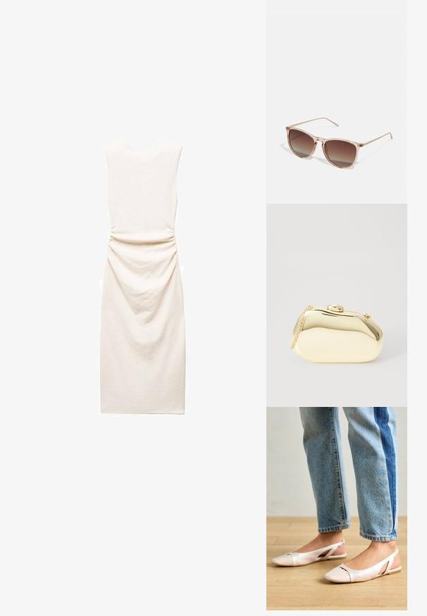 Mango Etui-jurk - beige; Zachtroze slingback ballerina's met een spitse neus, gemaakt van een glad leerachtig materiaal. Bevat uitsnijdingen aan de zijkanten en heeft een platte hak.; Bruine gradient zonnebril met een doorzichtig roze montuur, vierkante vorm en dunne metalen armen. Heeft afgeronde hoeken en minimale details.; Metalen gouden clutch met een gladde, ronde vorm, voorzien van een bovenste knoopsluiting en een kleine kettingband om mee te dragen.