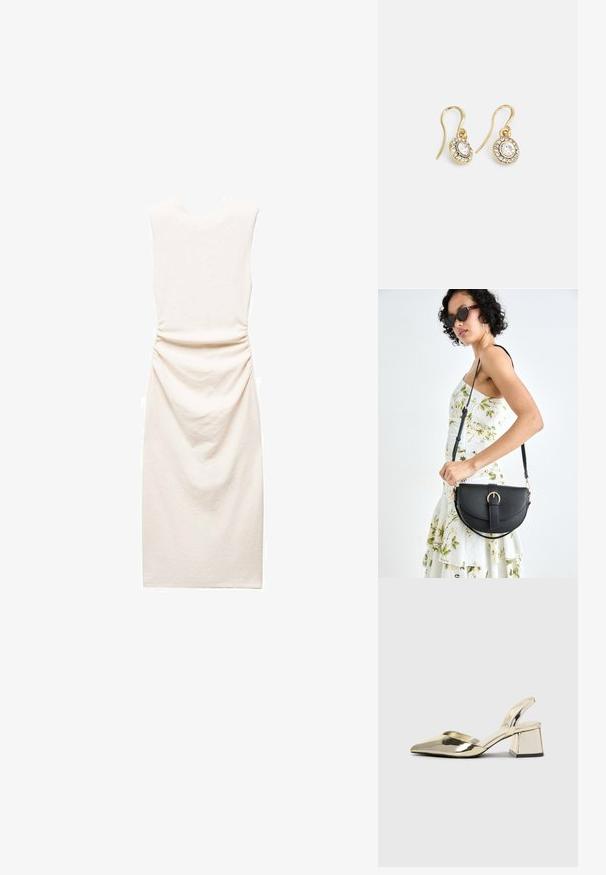 Mango - Sukienka etui; Złote, metaliczne szpilki z boku z wydłużonym noskiem i grubym obcasem. Gładka faktura, minimalistyczny design i wąski pasek.; Czarna skórzana torebka o zakrzywionym kształcie, z odpinanym paskiem i złotymi akcentami. Torebka posiada klapę z zapięciem w kształcie klamry.; Złote kolczyki z owalnymi przezroczystymi kryształami otoczonymi mniejszymi przezroczystymi kamieniami, z zapięciem w formie haka zapewniającym bezpieczne noszenie.