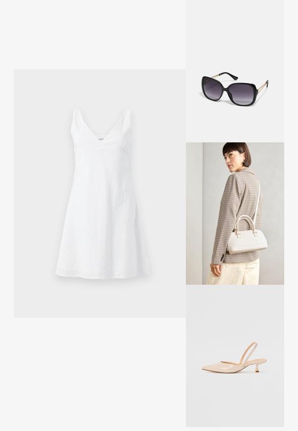 Bijela lanena haljina s V-izrezom, uskim korzetom i raskošnom suknjom. Tkanina ima lagano naboranu teksturu. Nema vidljivih uzoraka ili naglasaka.; Bež sandale od lakirane kože s uskim vrhom i tankim, kvadratnim potpeticom. Glatka tekstura i minimalistički dizajn bez ukrasnih detalja.; Crne prevelike sunčane naočale s gradijentnim lećama, debelim okvirom i zlatnim lancem kao detaljem na krakovima.; Bijela strukturna torba s kratkim ručkama i remenom za rame, s zlatnim metalnim detaljima i teksturiranim materijalom, prikazana na sivoj pozadini.