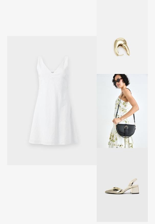 Vit linnekjol med V-ringning, figursydd överdel och utsvängd kjol. Tyget har en lätt rynkad textur. Inga synliga mönster eller detaljer.; Guld, metalliska slingback-klackar med spetsig tå och chunky klack. Slät textur, minimalistisk design och en smal rem.; Svart läderhandväska med en böjd form, avtagbar rem och guldiga detaljer. Väskan har ett lock med en spänndetalj.; Örhänge i guldtonad metall med en elegant, böjd design. Har en distinkt spetsig form, polerad yta och gångjärnslås.