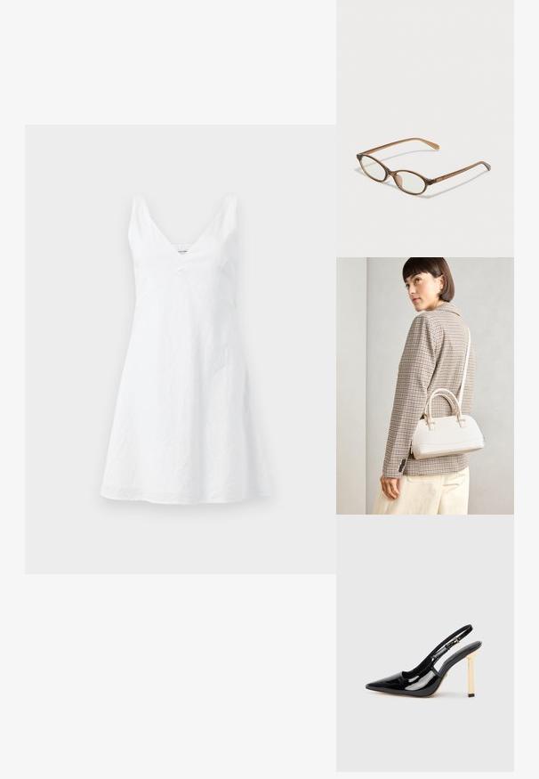 Weißes Leinenkleid mit V-Ausschnitt, tailliertem Oberteil und ausgestelltem Rock. Der Stoff hat eine leicht zerknitterte Textur. Keine sichtbaren Muster oder Akzente.; Schwarze patentierte Slingback-Pumps mit spitzer Nase und goldfarbigem quadratischem Absatz. Mit verstellbarem Knöchelriemen.; Braune Schildpatt-Brille mit ovalen Gläsern, dünnen Bügeln und transparenten Akzenten. Verfügt über ein dezentes Logo am Bügel. Elegantes, leichtes Design.; Weiße strukturierte Handtasche mit kurzen Griffen und einem Schultergurt, ausgestattet mit goldfarbenen Hardware-Elementen und strukturiertem Material, vor einem grauen Hintergrund präsentiert.
