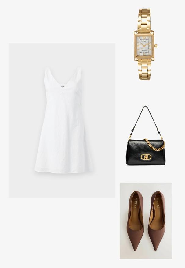 Vestido de lino blanco con escote en V, corsé ajustado y falda acampanada. La tela tiene una textura ligeramente arrugada. Sin patrones ni acentos visibles.; Tacones de satén marrón con puntera afilada y una textura suave, que presentan un escote bajo en el empeine y un sutil logo en la plantilla. Talla 6½ (40).; Bolso de hombro de piel negra con textura arrugada, acento de cadena dorada y un cierre dorado prominente con un logo ovalado. Correa de hombro ajustable.; Reloj de pulsera rectangular de tono dorado con esfera blanca, marcadores de horas de tono plateado y una duradera pulsera de metal. Incluye función de resistencia al agua.