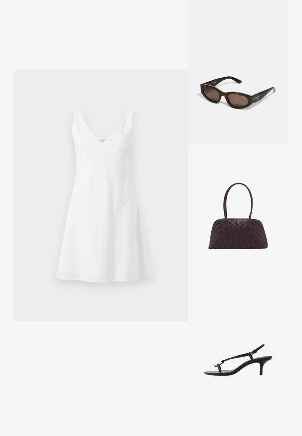 White linen dress with a V-neckline, fitted bodice, and flared skirt. The fabric has a slightly crinkled texture. No visible patterns or accents.; Black leather kitten heel sandal with thin straps, gold buckle, and minimalist toe loop on a white background.; Brown tortoiseshell sunglasses with a rectangular shape, dark brown lenses, and gold "vogue" branding on the temples.; Woven brown leather handbag with rounded shape, dual top handles, and smooth texture; features subtle stitching for design detail.; Clear and amber resin rings, one smooth and transparent, the other with a textured, amber finish. Both feature rounded, chunky designs.