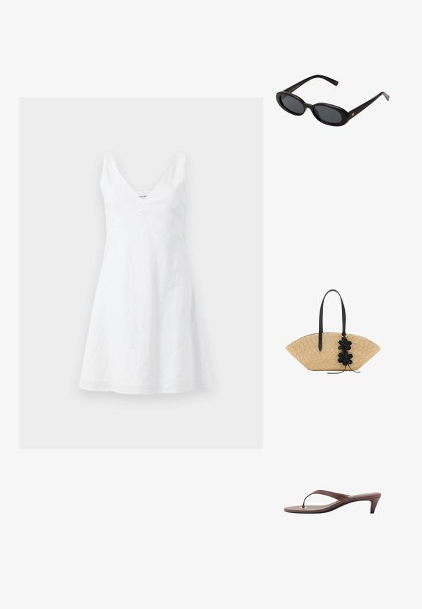 Rochie albă din in cu decolteu în V, corset ajustat și fustă evazată. Tesătura are o textură ușor șifonată. Fără modele sau accente vizibile.; Sandaș cu toc înalt, de culoare maro, cu o curea subțire și vârf rotunjit, având un mic accent auriu pe talpa interioară.; Ochelari de soare supradimensionați, cu lentile ovale, cadru din plastic neted și accente aurii pe brațe. Lentilele întunecate oferă protecție solară.; Geantă de paie cu un design larg, în formă de evantai, mânere din piele neagră și accente florale negre pe o parte.